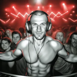 very easy simple sketchy lead graphite pencil drawing of an man at trance dance floor, black and white picture, no color just B/W, white background, black pencil, NO COLOR! NO COLOR! Fedor Federov style Lead pencil, black and white art