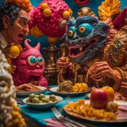 Close-up shot of ultra realistic odd monsters dining, vivid, ultra realistic, Ploffo Relloni, hypermaximalist figures, light, Italian 1970's odd movie, plastic, hilarious, Minicavio Quollati style, photography by Marlost Endgulp, ornate, 4k, photorealism, impressionism, Yves Tanguy