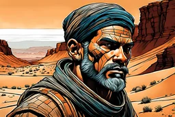 create a front facing, portrait illustration of an otherworldly lost nomadic wanderer with highly detailed, sharply lined and deeply waethered facial features in a shadowed canyon lands of oblivion in the comic art style of Enki Bilal, precisely drawn, boldly inked in arid desert colors