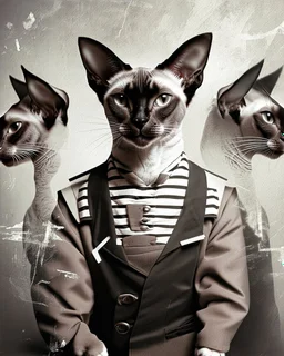 PROMPT: Surrealist portrait of a Oriental shorthair Siamese cat in a convicts outfit, layered multiple exposures of [POSE]. Each overlay is motion blurred and translucent. Monochrome palette, aged film grain and light scratches. A subtle glow softens the focus, evoking [MOOD]. Inspired by early analog photography experiments