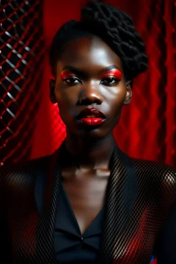 Tall darkskinned woman in black suit, red lips, 16K, image photographic, and behind teh woman a tangle of mesh in the background