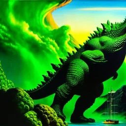 Drawing of ' Green Godzilla', painting by Earl Norem, simon Bisley,frazetta,西嘛哒, evan lee, Vallejo,kelly oil on canvas, cinematic composition, extreme detail,fit full head inside picture,8k