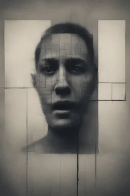 a distressing, haunting image of a person in square segments