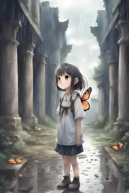 rainy, ruins, little girl, smile, butterfly, manga