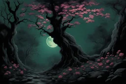 Night, trees, flowers, japanese manga style, horror gothic fantasy spring, rocks, friedrich eckenfelder paintings