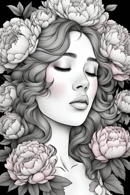 young woman, coloring page of a beautiful bouquet of peonies all around her face, her eyes are closed and dreaming peacefully, only her face shows, her face covered by the bouquet of peonies, use black outline with a black background, clear outline, no shadows, sketch colors, 4k