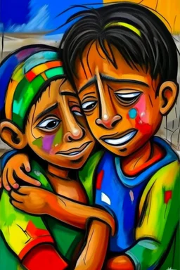 a girl hug her brother and both crying sadly, expressionism, Pixar style, in abstract art Basquiat, Picasso, Miro, Kandinsky, Klee, Birell, Fairey, Ardon, Buffet aand Picasso style, HD --s 750 --v 5.1 --style raw, water color