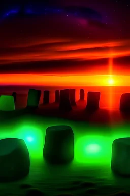 Winter solstice in bretany, 12 stand stones, atlantic Ocean, perfect sky with borealis aurora, sunset, sorous star, floor with green grass
