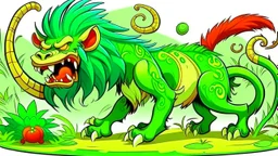 fantasy cartoon style illustration: fierce green beast is chasing a small brown monkey