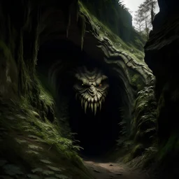 High resolution image of a cave entrance shaped like a Demonic mouth, on the side of a forested hill.