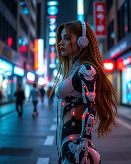 Full length image Full body Beautiful woman super model brown long hair wearing earphones science fiction style humanoid half with full body cyborg mechanicals and cybernetics lights,she on walking city night street background