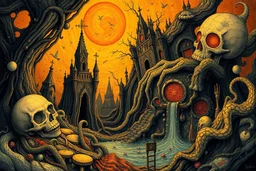 Surrealist art, bold lines, hyper detailed, a dark warm limited palette, the Realm of Dreams, symbolic, intricate, detailed