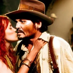 johnny depp as indiana jones kissing a blond girl. high definition