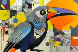 ink and paint of holo sizzle, arafed nonsense contradicting toucans in liminal space, double negative vibe, unnerving vibe, whimisical influence, grotesque vibe, ink and tint leak, minimal, brutalist, Aztec, drab and gray and orange and yellow