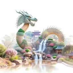 Within a shape of a dragon, a double exposure image of a beautiful Chinese garden and fantastical waterfall, blank negative space, pastel colors, surreal, fantasy nature photography