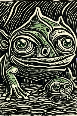 Linocut goblin and frog