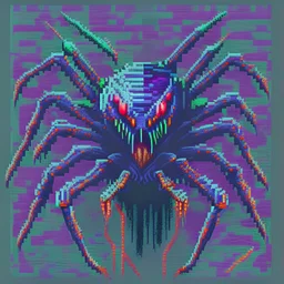 Digital, high quality pixel art illustration of Venomous spider with sharp fangs, radiating eerie aura in airbrush fade, 80s airbrush artwork style, bright caolored retro ... pixel art 16bit retro style .., gothic spider art, creature feature