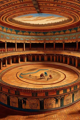 A tan combative coliseum designed in Australian aboriginal art painted by Albrecht Durer