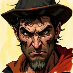 dnd, fantasy, handpainted, painted like renaissance art, stylistic, portrait, illustration, artistic, professional illlustration, male, face, weathered face, sly, violent, evil, vigorous, rogue, criminal