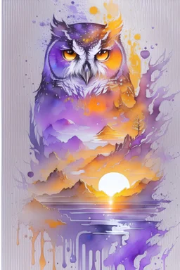 2:3 Full size, watercolor on transparent background paper, chromatic, zoom, sharp, splash of colors on a white background, a detailed golden purple sunset fire style, detailed owl & eagle, Miami Beach with light blue water, Mountains, graffiti elements, powerful zen composition, dripping technique, & the artist has used bright, clean elegant, with blunt brown, 4k, detailed –n 9, ink flourishes, liquid fire, clean white background, zoom in, close-up,