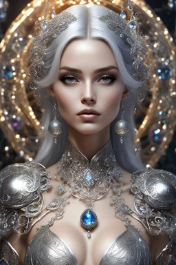 Length picture photography realistic full body of young woman, beautiful, shiny hard eyes, make up, Fantasy style, shiny baubles, ornate, large gemstones, shiny molten metalics, shiny wire filigree, silver hair, high definition, high res, octane render