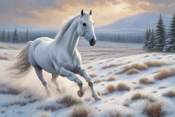 ((best quality)), ((masterpiece)), ((realistic, digital art)), (hyper detailed), Oil Painting of a white horse, running in the prairie, in the style of Martin Grelle, in a winter landscape, intricate details, 8k, masterpiece