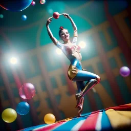 Ultra realistic circus scene. Classic acrobat woman, waist up view, Wes Anderson style, happy, bubbles, highly detailed, concept art, unreal engine 5, god rays, ray tracing, RTX, lumen lighting, ultra detail, volumetric lighting, 3d, finely drawn, high definition, high resolution.