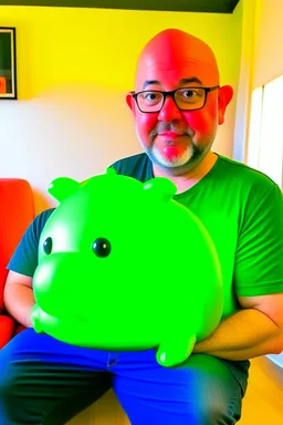 bald man with inflatable green frog