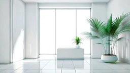 Minimalist background for video calls. Mostly white and serene, futuristic, with a very wide window and with some plants outside.