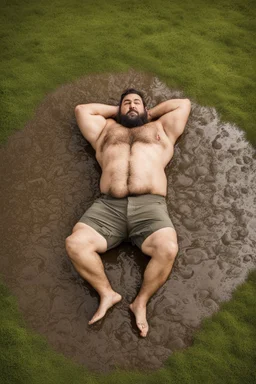 aerial top view half figure shot photography of an ugly 32 year old chubby robust burly turkish carpenter , relaxing in the meadow, , hands behind the head , wearing bulging shorts, shirtless, hairy chest, manly chest, manly legs, serious, very virile, short beard, shaved hair, under the rain, wet, in a rainy day, photorealistic