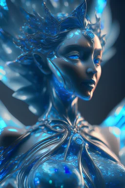 transparent olivine gemstone beauty queen Seraph, in blue fire chrome casino, high detail, 8k, cinematic, depth of field, art