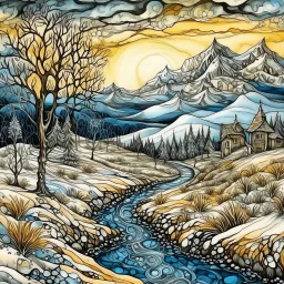 surreal winter landscape,optical illusion, zentangle Modifiers: highly detailed fantasy beautiful award winning fantastic view dramatic pen and ink Tim Burton dreamy Surrealism watercolor and ink wet on wet water colours golden our