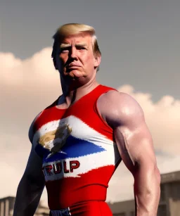 Realistic image of Donald trump wrestler, Mexican wrestling style, eye liner, red and blue breeches, glow us flag dress, suspenders, retro style, 80s, vibrant color, highly detailed, clean background, concept art, unreal engine 5, god rays, ray tracing, RTX, lumen lighting, ultra detail, volumetric lighting, 3d, finely drawn, high definition, high resolution.