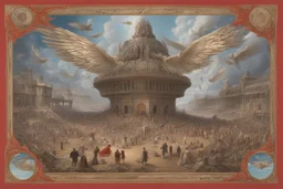 View of Elysium with winged females flying over people running away in fear