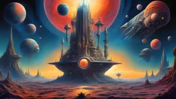 The Last Outpost Of Life In A Dying Universe || surreal sci-fi, astral, cosmic, galactic, in the styles of David A. Hardy and Ron Walotsky and Philippe Druillet, intricately detailed, expansive, maximalist, mixed media, modern colors, epic, stunning, beautiful, magic realism, highest resolution