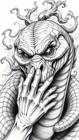 Gππ§π€π’π₯π© highly detailed graphite illustration, A surreal snake figure with exaggerated anatomical features, heavily wrinkled skin, and an intense, contemplative expression., thick eyebrows, merge into swirling abstract shapes. Large, expressive hands, one covering the mouth and the other gripping the forehead tensely. Mysterious, introspective, dreamlike, somewhat dark fantasy. #ππ§πart #prompt