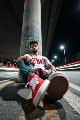 A stylish man (use upload image face)sitting on an empty city street at night under a highway overpass, leaning against a large concrete pillar covered in colorful graffiti art. The perspective is low-angle, making the red and white sneakers in the foreground appear large and striking. The man wears a white T-shirt with a bold red Letter "REYAD," dark green jogger pants, and a red flannel shirt tied around his waist. Light trails from passing cars streak across both sides of the road, creating a
