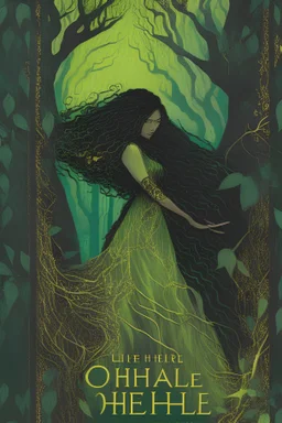 book cover, In the heart of a dense and enigmatic forest with towering ancient trees cloaked in emerald, yellow and amber foliage stands a witch possessing an ethereal allure her lustrous hair cascading in ebony waves down to her slender waist