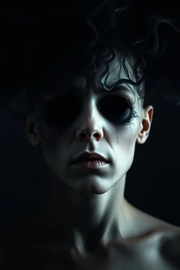 A surreal, painful and symbolic portrait of a human being slowly consumed by living darkness. Pale human skin, hollow face with empty black eyes, expression of painful realization. The darkness is not just shadow but a living entity emerging from the mind itself, abstract shapes and impossible forms rising like smoke from the depths of the subconscious. The shadows crawl across the face and body, devouring identity.