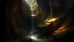 A canyon pass, dark, slivers of light, Stony walls, dripping water, lairs, realistic, medieval, painterly