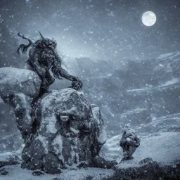 Realistic picture of a norse stone troll in the mountains, next to a firecamp and under the moonlight, with snow falling in the background and stars in the sky in a nostalgic mood --no dragon --no daylight --no hairs