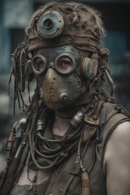 portrait. extrem realistische filmszene: in einer post apokalyptischen zukunft: ein Herrscher. extrem detailreich. punk, bdsm, style. gruselige maske aus sehr vielen materialien, details. improvisiert, aus Schrott und Müll, Metallteile, schläuche, Gürtel, Taschen, Nägel. dreckig, rostig, zerrissen, geflickt. dystopische postapokalyptische Umgebung. hyperrealistisch, extrem lebensechter Fotorealismus, einzigartig detaillierte Kleidung, düstere Stimmung, düsteres Licht, filmisch, dystopisch.
