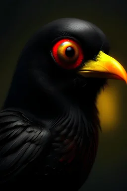 Humanoid black bird with red eyes and a yellow beak