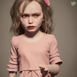 Lilly rose depp toddler, full body, angry, dynamic pose, tokio background, dramatic lighting, hyper realistic, unreal engine, 8k, upscale