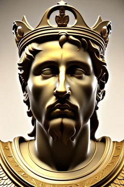 Ultra Realistic image, Roman sculpture, clean white marble material, Lionel Messi, gold Laurel leaves wreath, god crown, renaissance ornaments, one gold star in heart, sun ornament, sun rays background, chisel style, waist up portrait, emperor style, epic, celestial, cinematic lighting, God light, god rays, 4k resolution, smooth details, ornate details, soft lighting, unreal engine 5, art station, substance 3d.