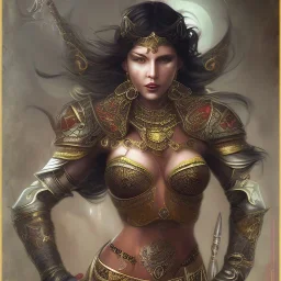 arab female warrior sexy black hair cleavage ornate metal armour silks