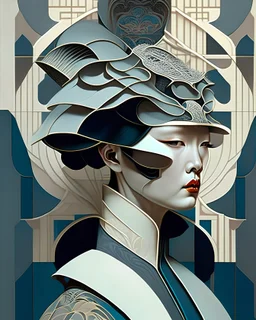 art direction in china by lin, profile,Gorgeous costumes and headgear, premium gray color scheme,in the style of art nouveau elegance, portrait paintings, Chinese Meticulous Painting Style,dark beige and dark aquamarine, intricately detailed, georgy kurasov, digital print, fantasy-inspired art