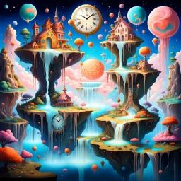 dreamlike landscape with floating islands, upward-flowing waterfalls, and celestial bodies in the sky. Include unexpected elements like melting clock faces and whimsical creatures, emphasizing a surrealistic aesthetic, full shot perspective with vibrant colors and intricate details.