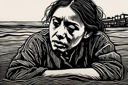 create an abstract, deeply powerful tragic, heart wrenching, and evocative, full body woodcut of an anguished and grief stricken young refugee woman with highly detailed and deeply cut facial features, lost in a horrific post apocalyptic Gaza, in the style of KATHE KOLLWITZ and PAUL GAUGUIN, searing lines and forceful strokes, semi photo realism