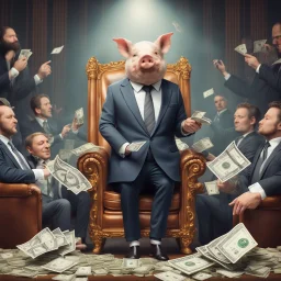 rich pig in suit on a throne making stacks of money by making a deal with a buisnessman. background of musicians